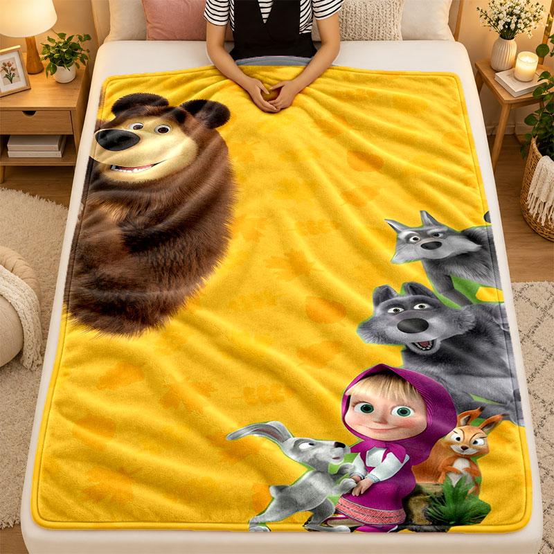 Flannel BlanketMasha and the Bear Warm Soft Throw Blanket for Indoor Sofa Bed Living Room Use