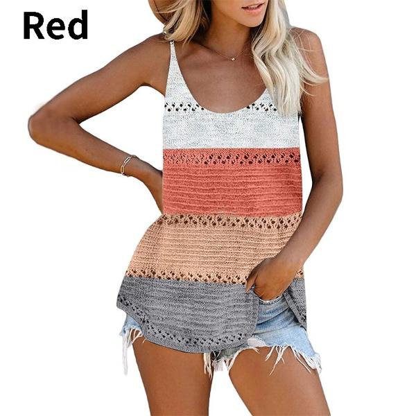 Fashion Women Summer O-Neck Knited Tank Tops Casual Loose Sleeveless Cami Color Block Blouse Shirts Beach Vest Tank Tops Plus Size