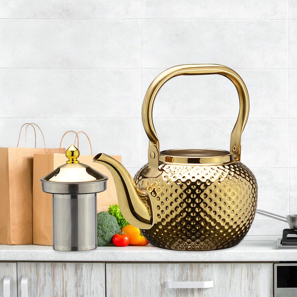 Gold Spherical Stainless Steel Kettle with Hammered Texture - Large Capacity for Hotels and Restaurants.
