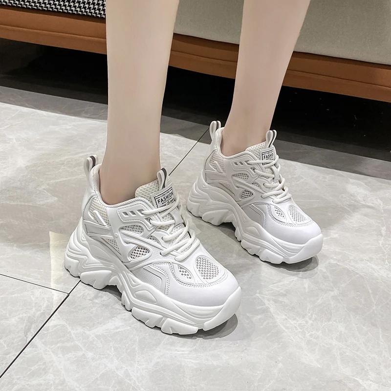 Fashion Spring Breathable Mesh Sneakers Hidden Increasing Sport Shoes Woman Wedge Casual Chunky Shoes High Platform Shoes 8.5CM Autumn