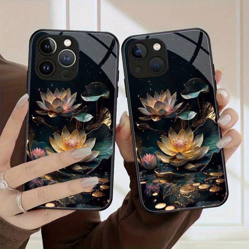 Lotus Pattern Anti-Fall Tempered Glass Phone Case For iPhone 11 12 13 14 15 16 17 Pro Max 17Air 16E 7 8 Plus XR XS X Cover