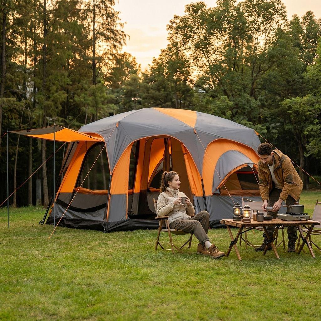 Double-Layer Ridge Tent: Outdoor Camping Tent with Two Bedrooms, Living Room, Sunshade, and Expandable Space