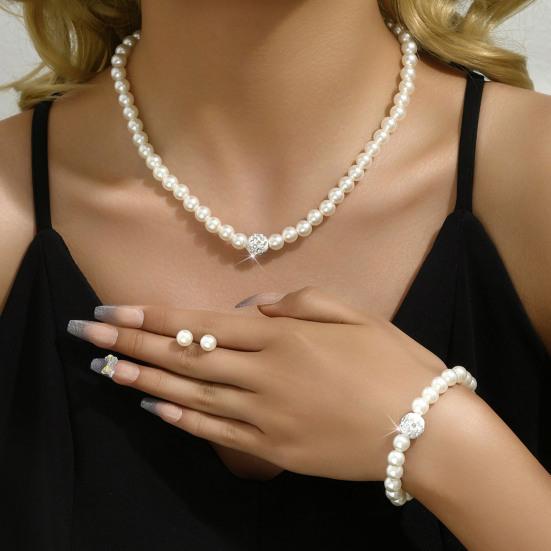 3 Teile/satz Frauen Schmuck Set Faux Perle Ohrringe Halskette Armband Einstellbare Länge Strass Dekor Poliert Prom Party Hochzeit Party Braut Schmuck
