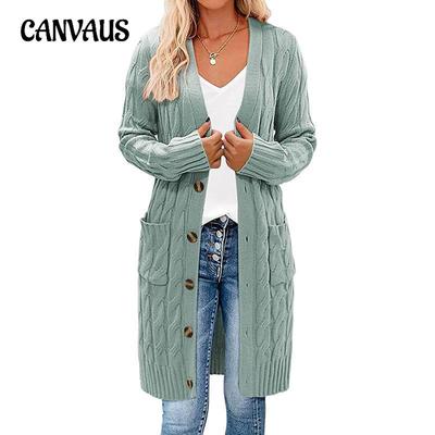 Veste cardigan longue en tricot à simple boutonnage et poches torsadées pour femmes, couleur unie, automne et hiver