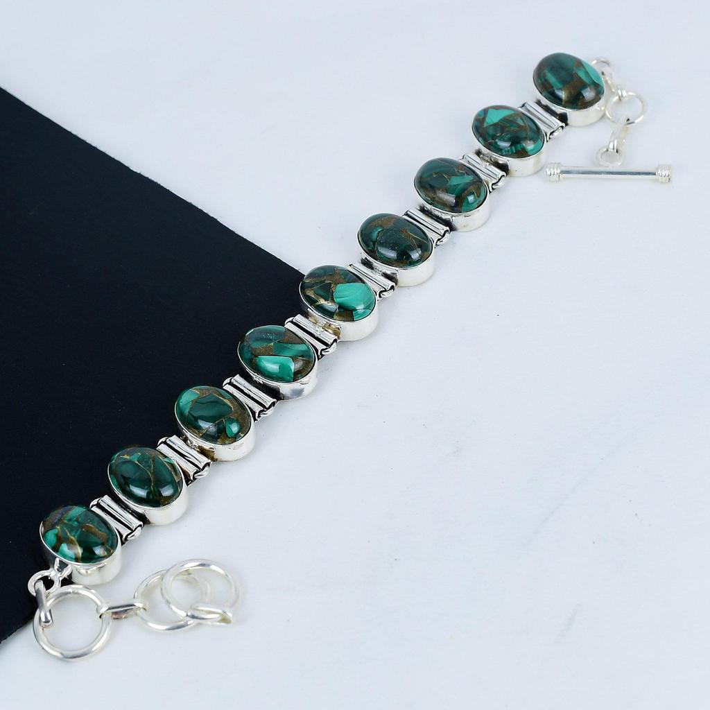 Natural Copper Malachite Gemstone Handmade 925 Sterling Silver Bracelet, Copper Malachite Bracelet For Wife , Unisex Bracelet Easter Gift