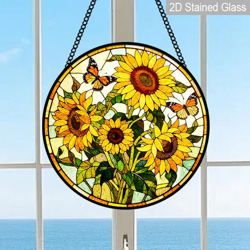 2D Flat Stained Glass Sunflower Window Decoration, 7.87inches Yellow Colored Glass Plate with Chain, Charming Spring Summer Home Decor, Unique