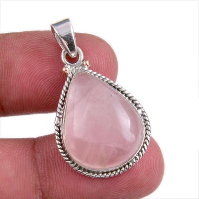 Natürlicher Rosenquarz Edelstein Handgefertigt 925 Massivsilber Geschenk Anhänger 1,50" T6y06