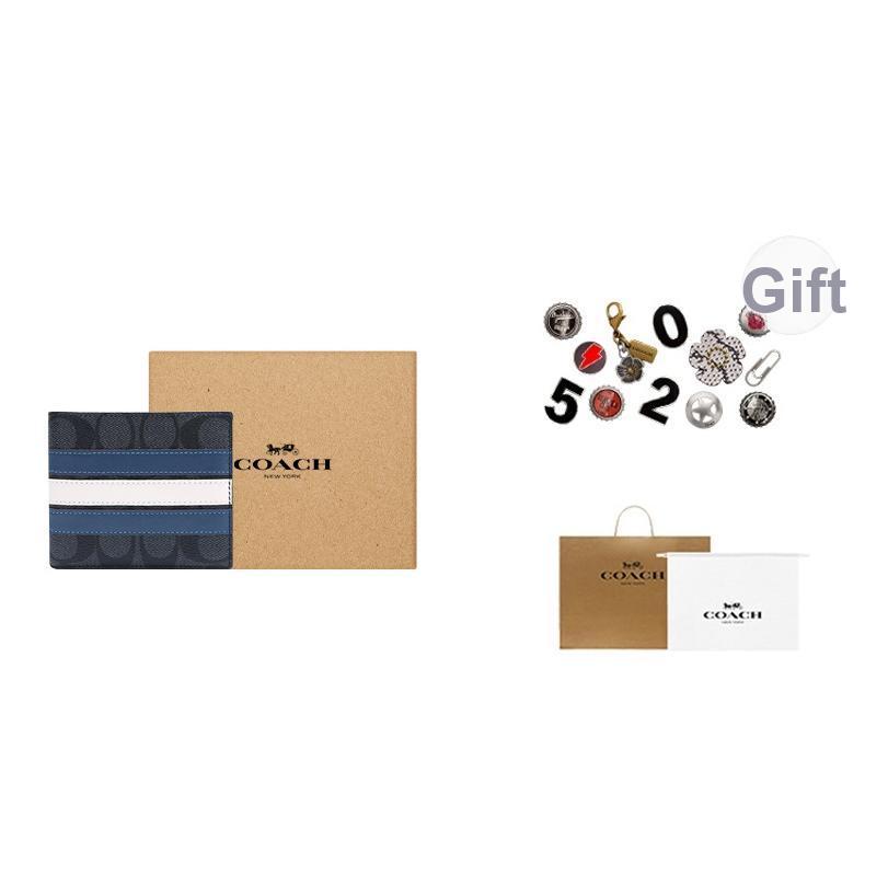 Coach 3 In 1 Wallet With Logo Short Foldable Detachable Card Holder Canvas And Cowhide Men Wallets Black Blue White 3008-QBOH0