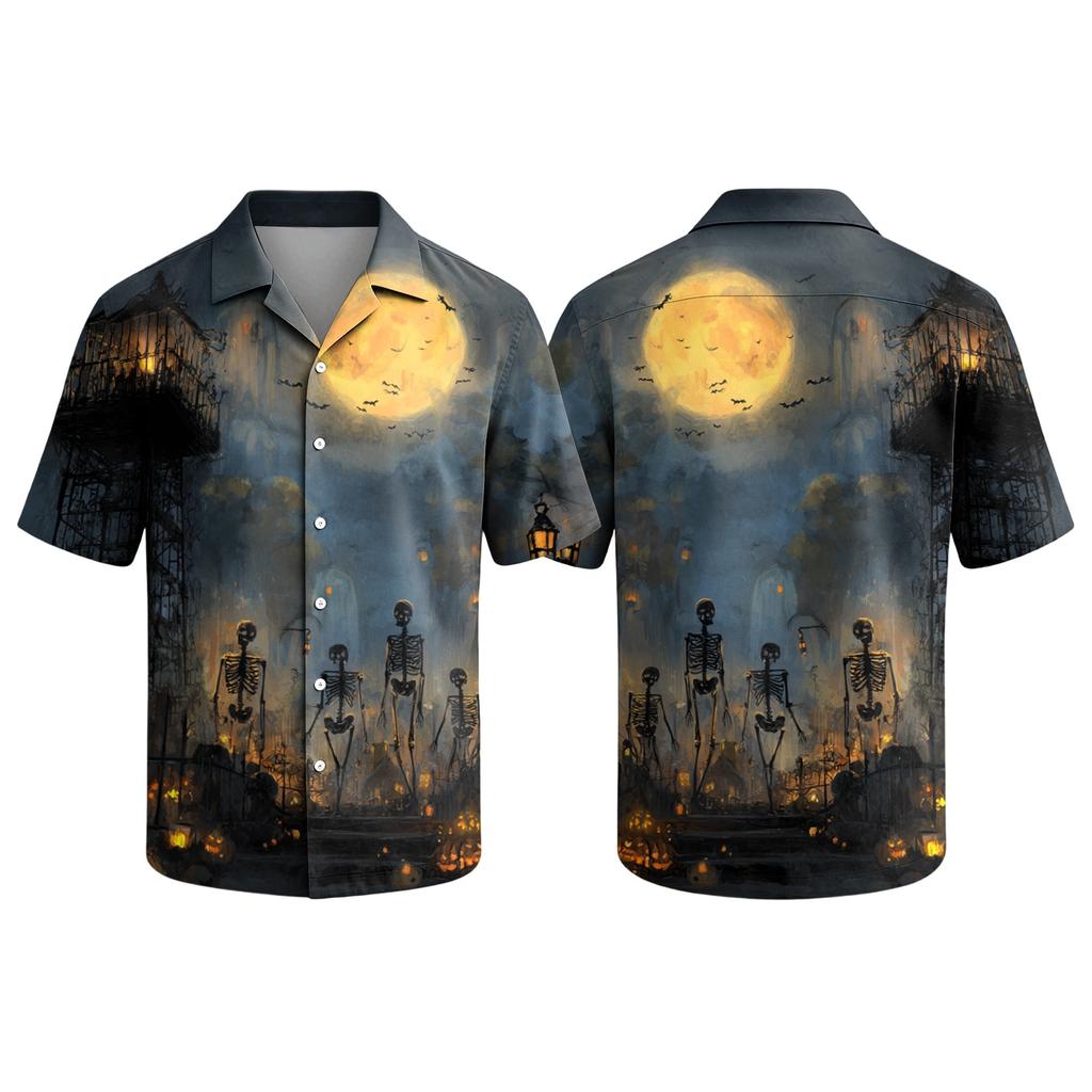 Men's Casual Short Sleeve Button Down Shirt with Halloween Graphic Print Lapel Collar Lightweight Top for Daily Wear