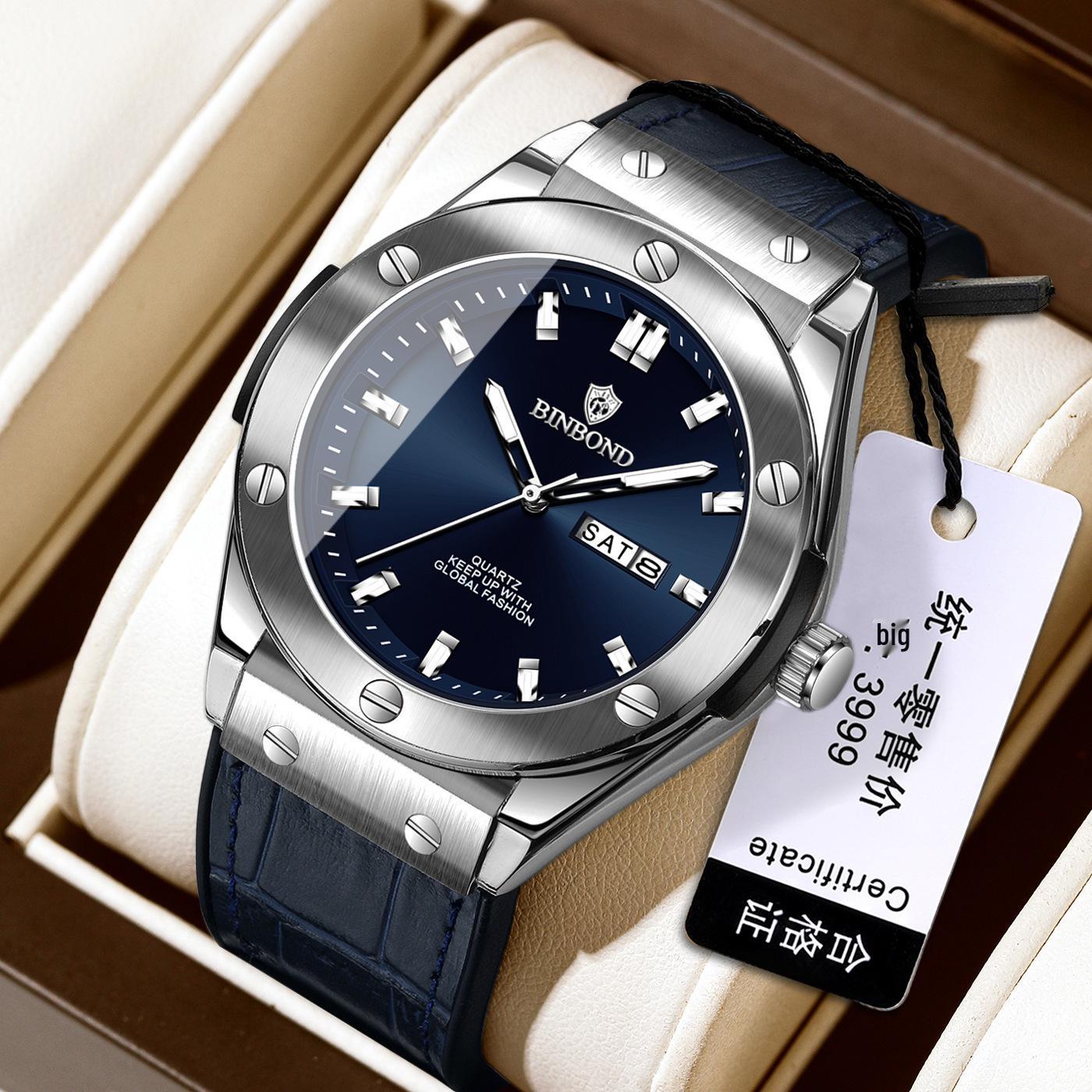Swiss Men s Double Calendar Leather Strap Quartz Watch