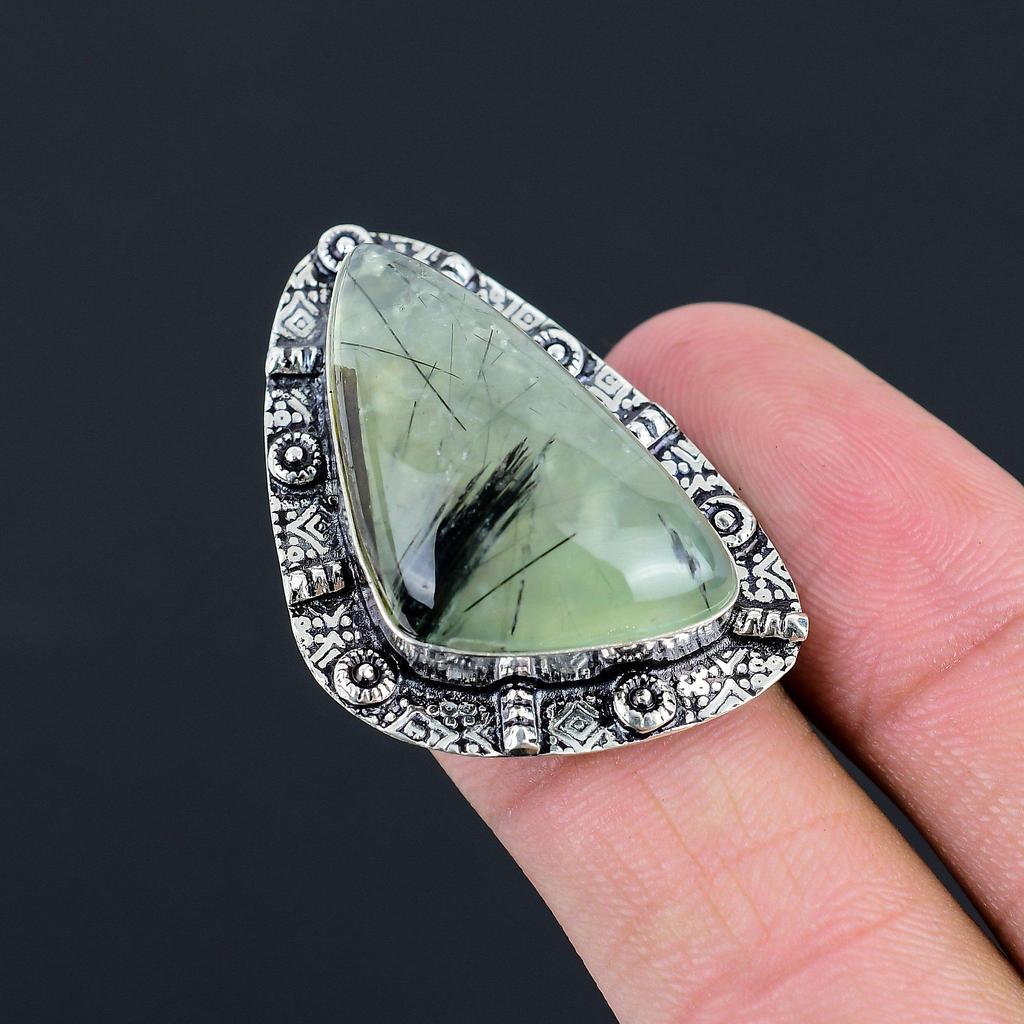 Natural Moss Prehnite Gemstone Promise Green Ring Size 7 925 Sterling Silver