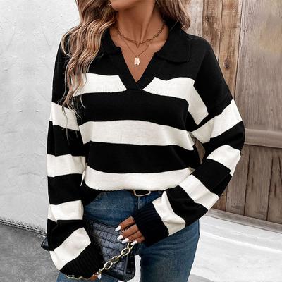 Jesienny damski sweter luźny top w paski z klapami dzianina
