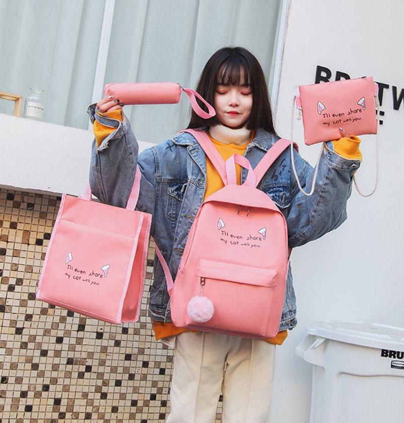 Charming College Style Women's Canvas Backpack Set With Plush Pendant And Pencil Case