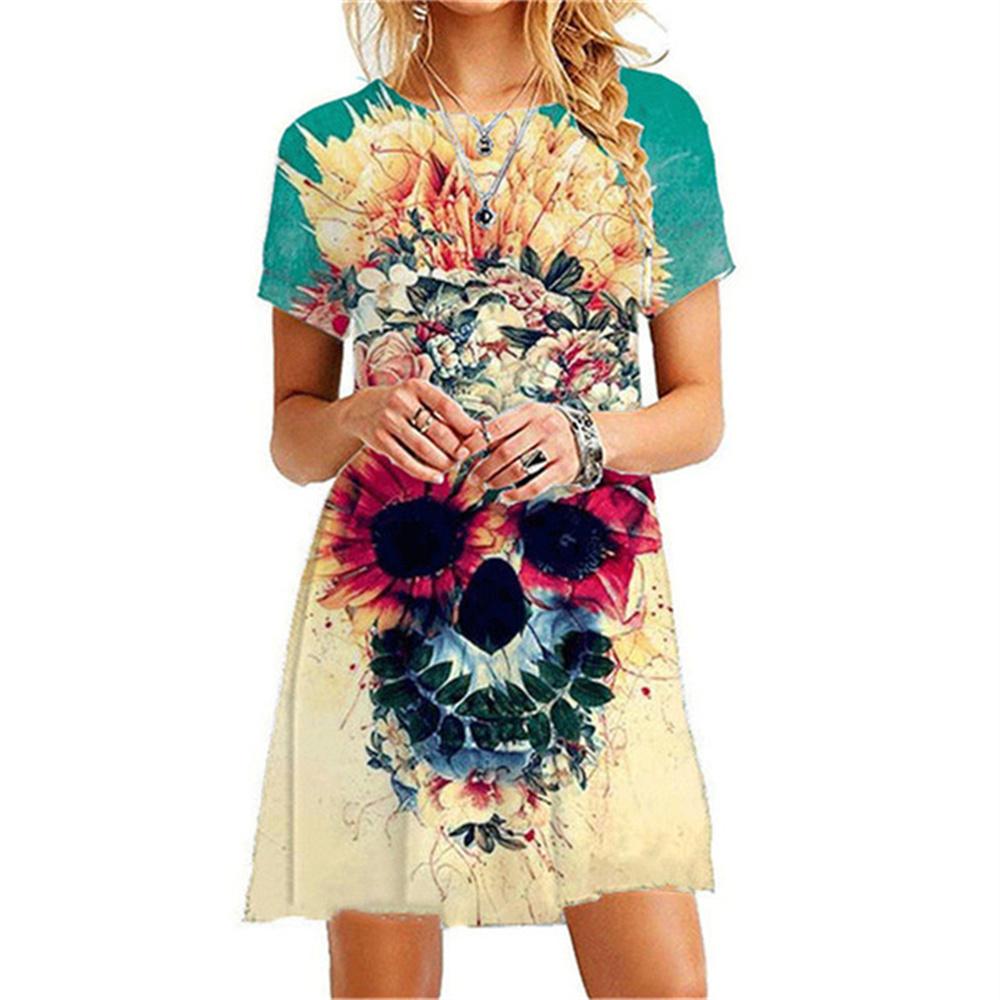 Sexy Slim Women's Dress Short Sleeve Skull Digital 3D Print Fashion V-Neck Women Clothes Summer Solid Color Casual A-line Dress