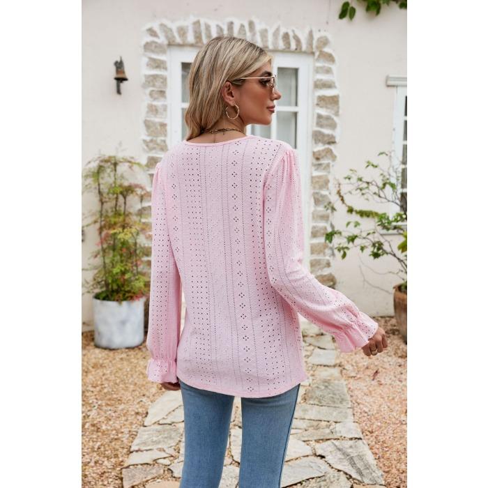 Vår og høst damebluse Ensfarget blonder patchwork V-hals løs langermet topp