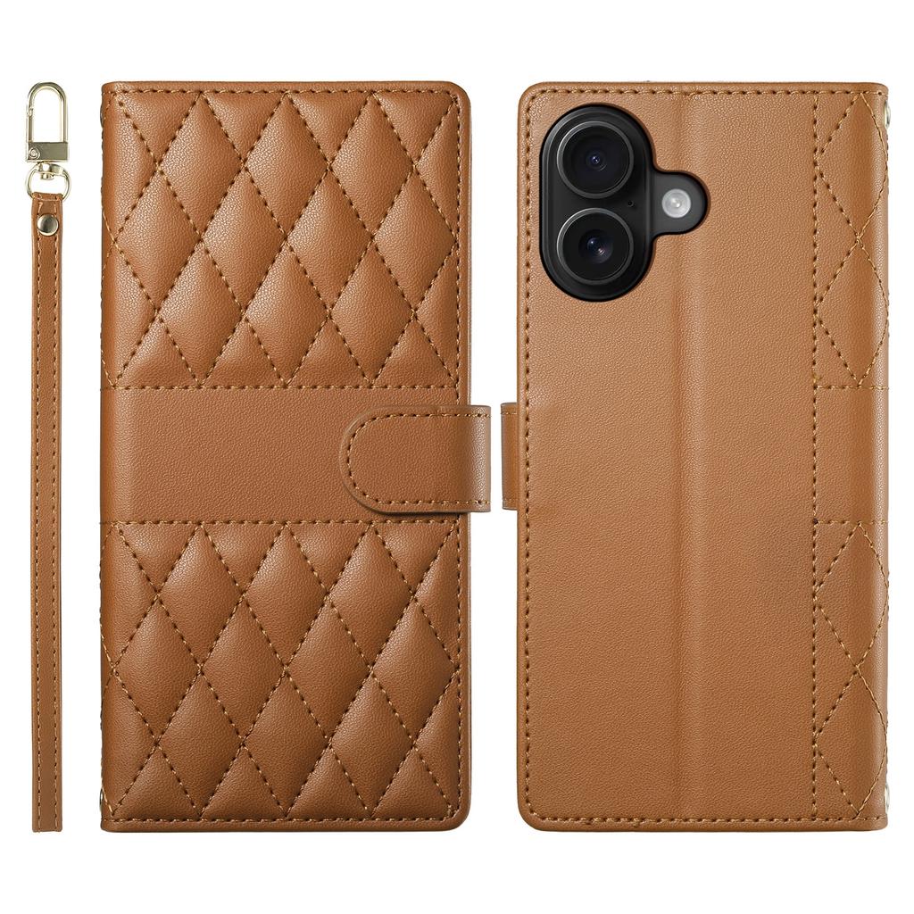 For iPhone 16 Case Rhombus Stitching Wallet Stand Leather Phone Cover with Long/Short Strap
