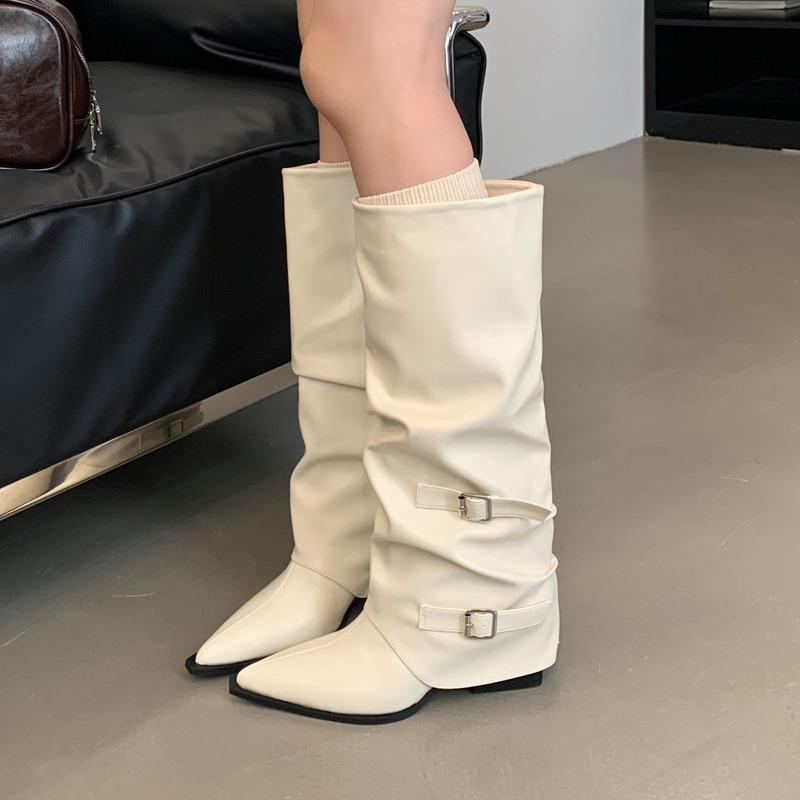 High boots autumn and winter new fashion thick heel boots long boots women's pointed versatile belt buckle pants boots