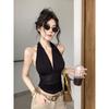 Spicy Girl Halter Neck Black Mesh Camisole - Women's V-Neck Sleeveless Backless Top for Summer 2025
