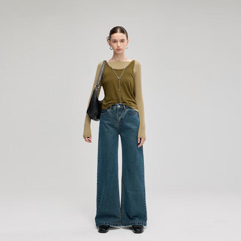 Fengxun Women's High-Waist Wide-Leg Straight Denim Pants