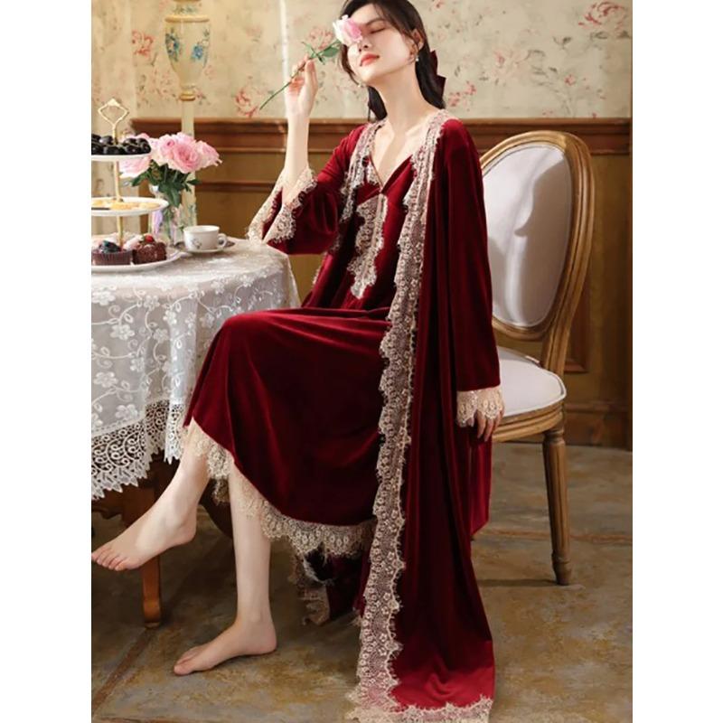 

Элегантная пижама кружево V-образный вырез бархат ночная рубашка халаты для женщин две части осень зима ночная рубашка винтаж принцесса ночные рубашки XL красный