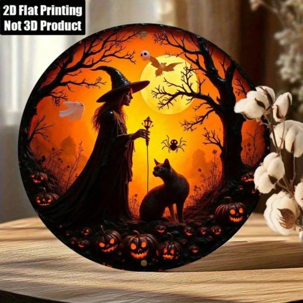 Halloween Metal Wall Art Witch Cat Pumpkin Round 8x8 Inch 20x20