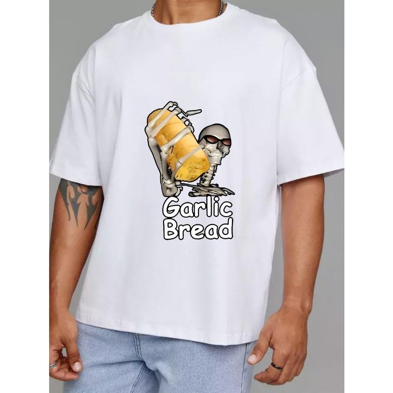 Garlic Bread T Shirt White Skeleton Holding Garlic Bread Graphic and Text Casual Wear for Men and Women