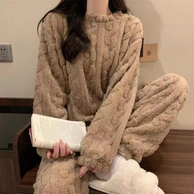 Women's Fleece Pajamas Set Soft Fluffy Pullover Ribbed Two Piece Sleepwear Set Winter Fuzzy Sherpa Pjs Lounge Set
