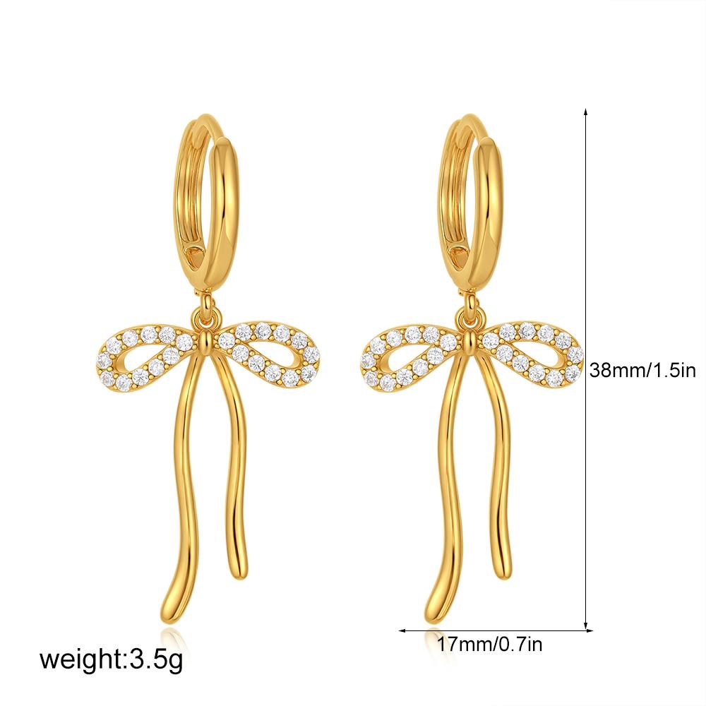 Elegant Gold Color Bowknot Zircon CZ Drop Earrings for Women Gold Plated Stainless Steel Bow Knot Hoop Statement Jewelry Gifts