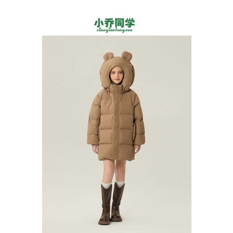 Children s down Jacket Winter New Style Girls Warm Three-Proof Puffer Coat with Large Hood, Mid-Length Bear Style Curry color 160