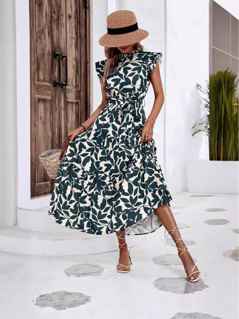 2026 New Summer Fashion Women's Ruffled Flutter Sleeve Lace-Up Printed Fairy Dress