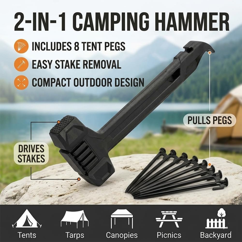 Multifunktionaler Campinghammer mit Heringzieher 8 Zeltheringe Integrierter Aufbewaltungsgriff & Flaschenöffner Robuster leichter Hammer für Wander-Tarp