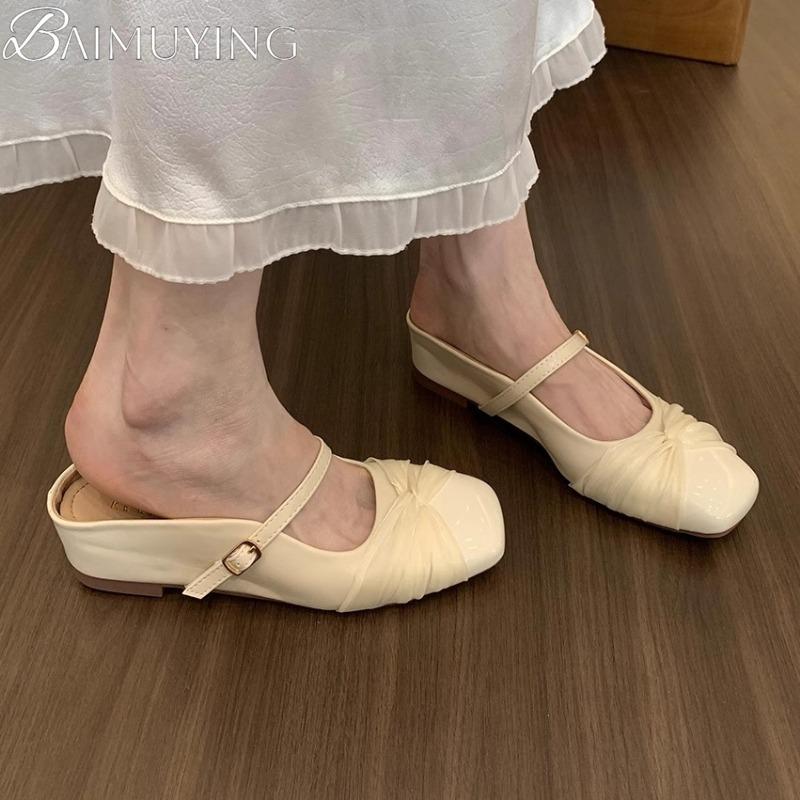 Women Slippers Flat Sandals Square Toe Marie Janes Shoes Woman Mules 2025 Trend Summer Soft Leather Loafers Shallow Sandalias
