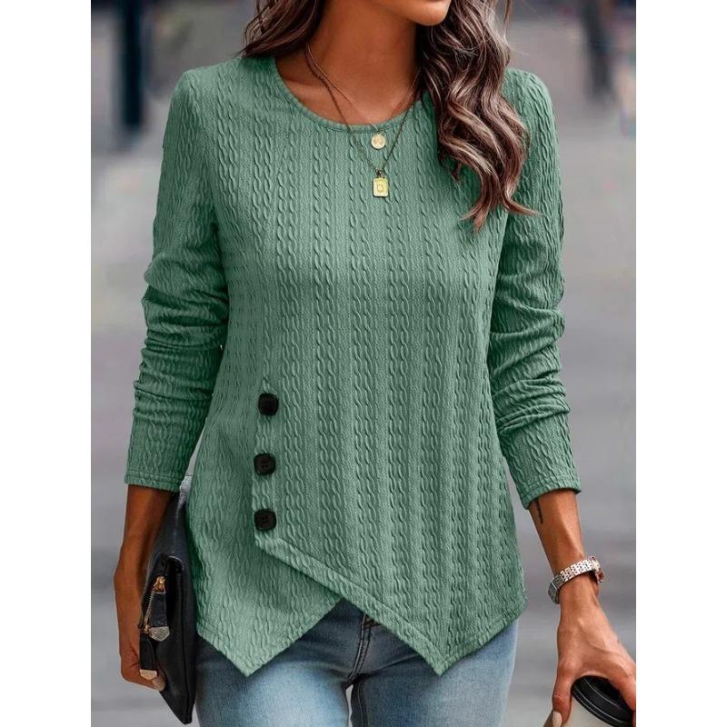 4 Solid Color Jacquard Long Sleeved Autumn Round Neck Button T-shirt Simple Versatile Daily Street Women's Top
