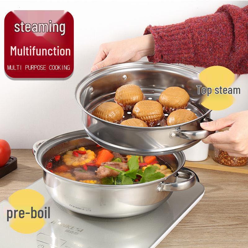 Stainless Steel Double-Layer 28cm Steamer Pot with Handles - Large Capacity for Soups & Hot Pots