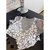 Fashionable and stylish hollow crochet spliced round-neck short-sleeved fake two-piece T-shirt women's popular top