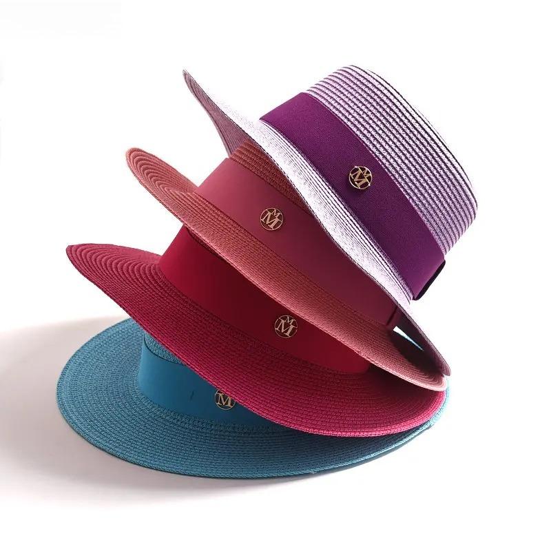 New Summer Straw Sun Hats for Women Ladies Fashion Flat Brim Ribbon Beach Hat Travel Dress Cap Chapeau Femme