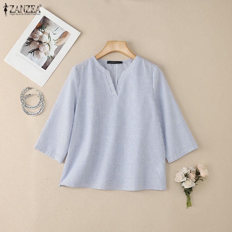 ZANZEA Lässige Bluse mit V-Ausschnitt und 3/4-Ärmeln für Damen