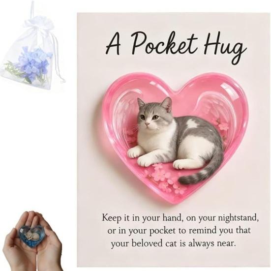 Cat Memorial Pocket Hug with Inspirational Card Emotional Support Heart-Shaped Sleeping Cat Charm Keepsake Figurine Decoration Cat Owners Lovers Gift