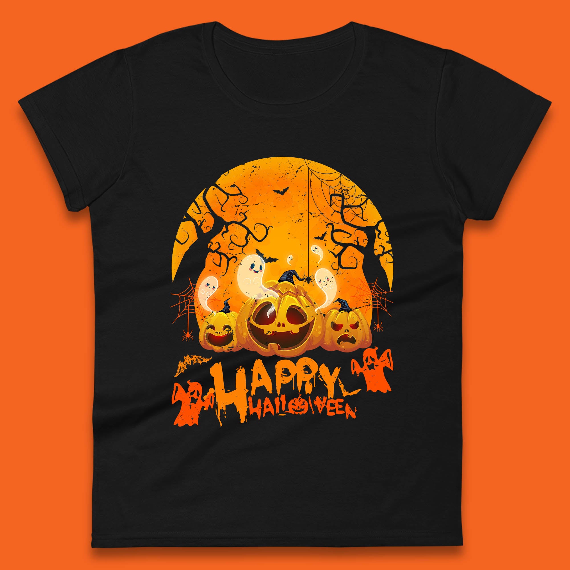 Happy Halloween Jack O Lantern Pumpkins Scary Boo Ghost Haunted Trees Womens Tee T Shirt Mens Tops Unisex Top 2XL
