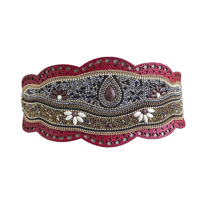 Boho Style Heavy Industry Turquoise Hollow Ethnic Style Pattern Elastic Ethnic Style Yunnan Travel Photo Elastic Tight Women's Waist Seal