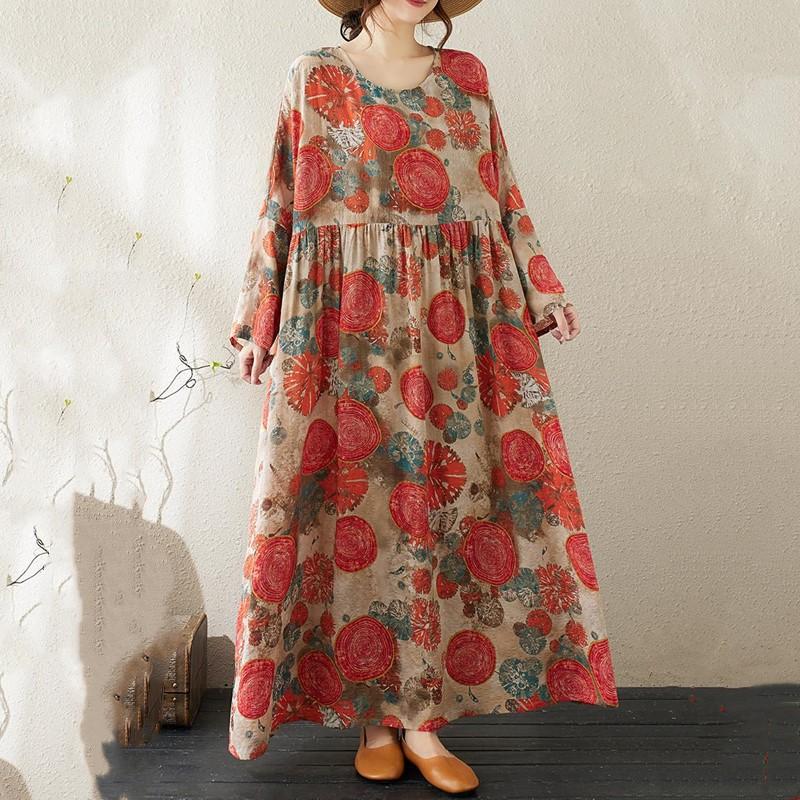 

Длинный рукав Плюс размер Хлопок винтажный цветочный новый в платьях для женщин повседневный свободный весенне-летний осенний платье