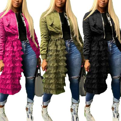 Fashion Women Autumn Long Sleeve Zipper Jacket Lacework Mesh Midi Dress Coat