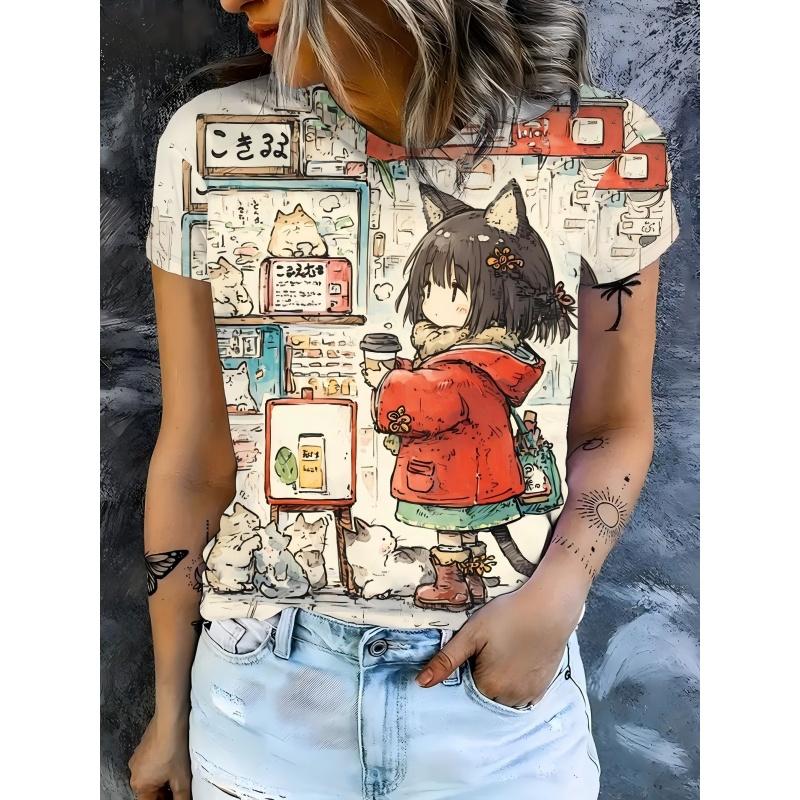 Cartoon Cat Dog Pattern T-Shirt For Women Fun Animal 3D Printed T Shirts Fashion Round Neck Casual Short Sleeve Loose Tees Tops