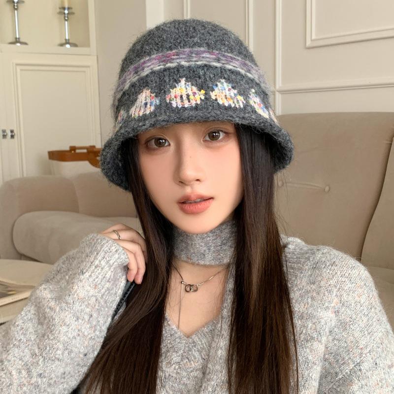 Chapeau Bob Jacquard Pétale Fair Isle 2025 en Laine - Tricot Mince Décontracté pour Femme pour Automne & Hiver