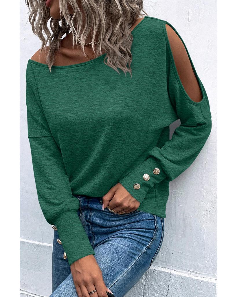 Azura Exchange Green Asymmetrical Cut Out Buttoned Long Sleeve Top