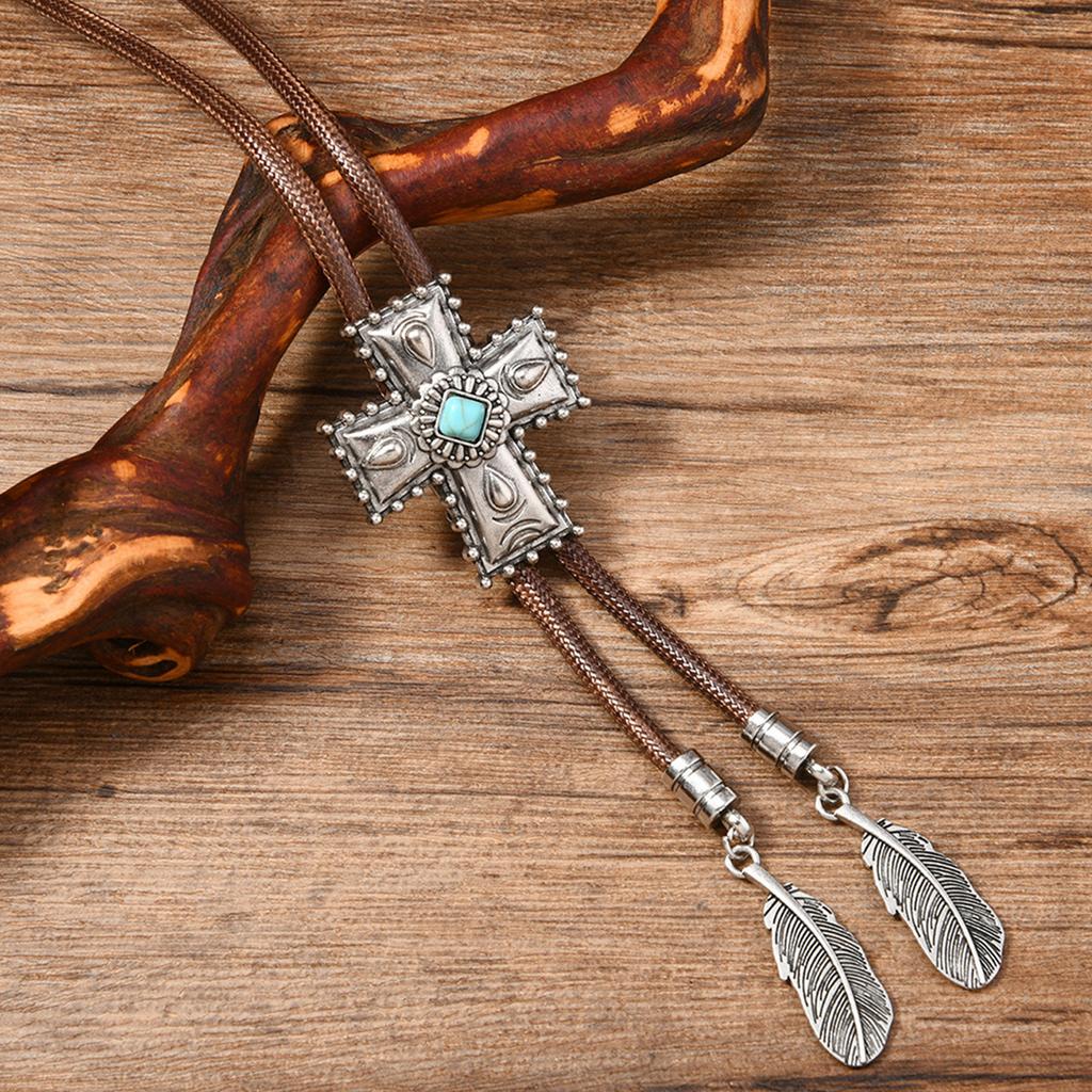 Men's Faux Leather Cord Bolo Tie Western Cowboy Necktie Antique Floral Stone Jewelry Feathered Pendant Western Necklace
