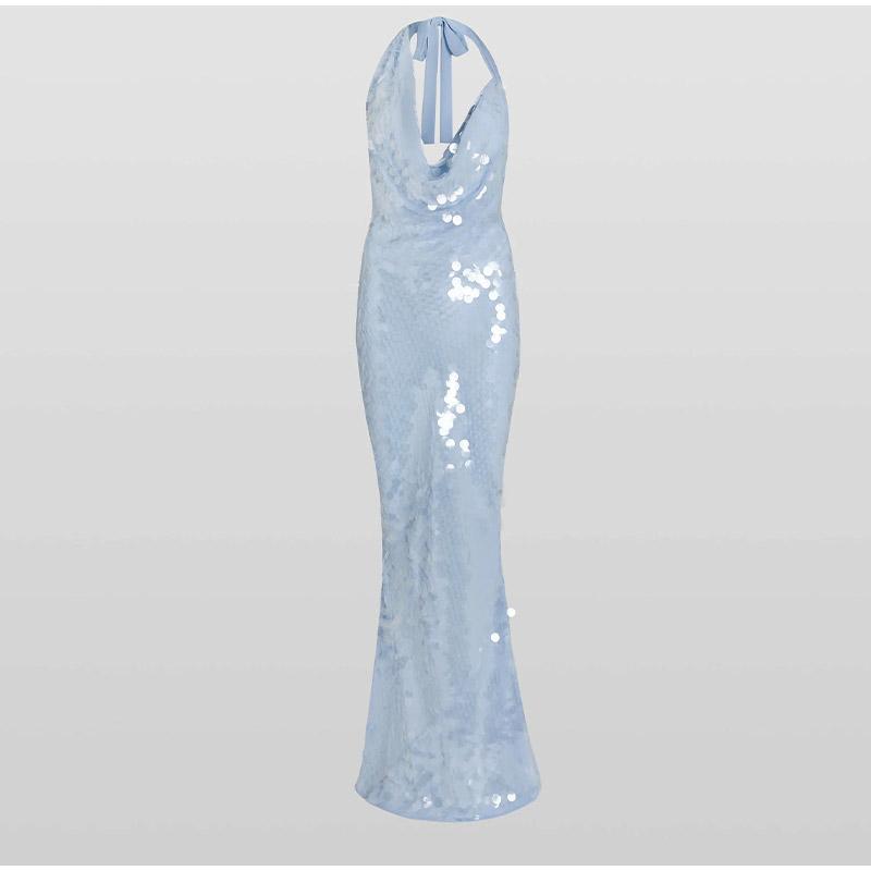 Elegantní flitrové společenské šaty bez zad pro ženy, plisé, šněrovací modré maxi večerní šaty, letní dámské tenké róby