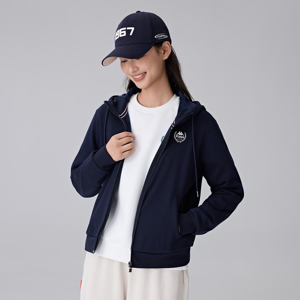 Kappa 1916 Series Vintage Casual Hooded Cardigan Knit Zip Sweatshirt Women outerwear Dark-Night-Blue Black K0E82MK20