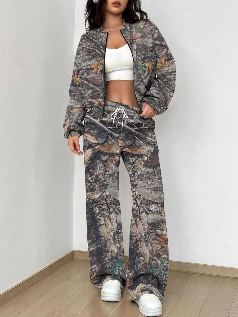 Outdoor Camouflage Autumn and Winter New European and American Women's Clothing Retro Printing Suit Women