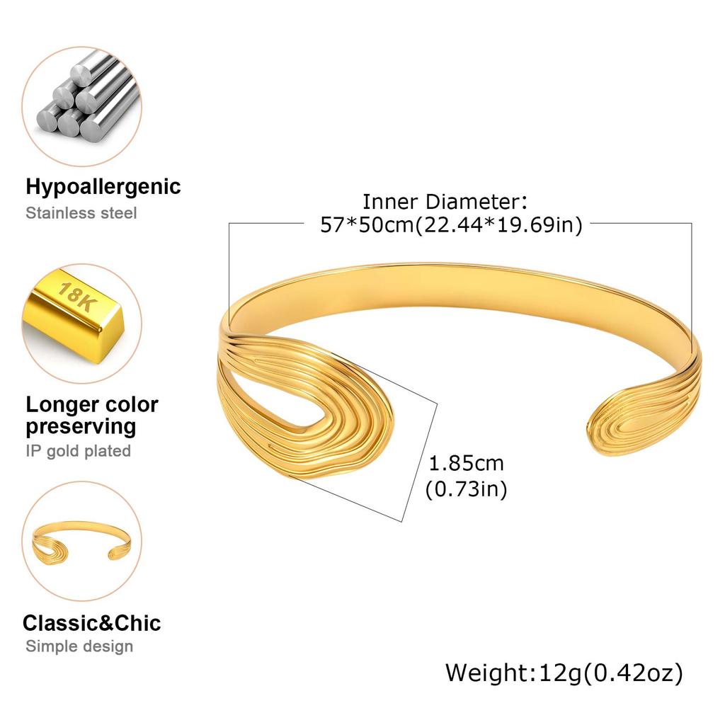 Stainless Steel Irregular Textured Cuff Bracelet for Women 18K Gold Plated Open Bangle Fashion Party Jewelry Gift